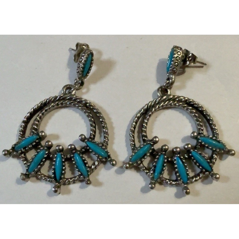 T2246-Turquoise Color Silver Tone Chandelier Earrings Southwestern Boho Dangle